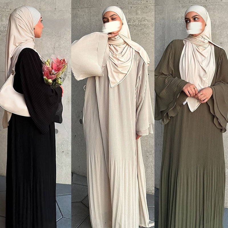 Muslim Dubai Pullover Robe Chiffon Pleated Dress Middle East Solid Color Women'S Clothes - Image 2