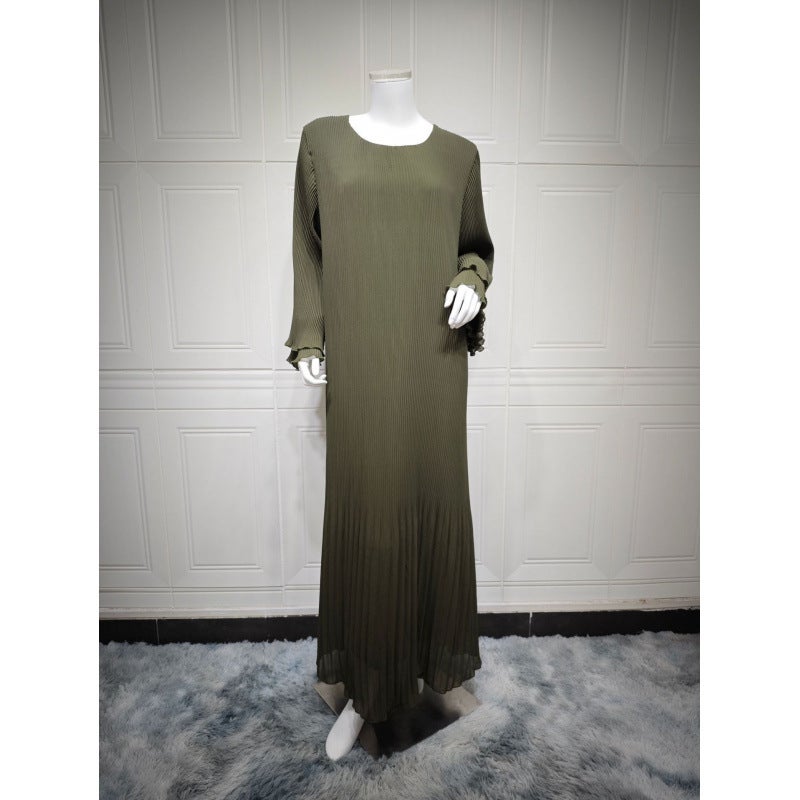 Muslim Dubai Pullover Robe Chiffon Pleated Dress Middle East Solid Color Women'S Clothes - Image 1