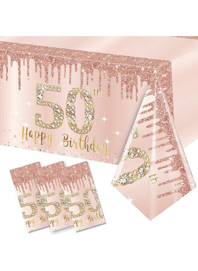 Excelloon 3 Pack 50th Birthday Tablecloth Decorations for Women, Pink Rose Gold Happy 50 Birthday Table Cover Party Supplies, Fifty Year Old Birthday Plastic Disposable Rectangular Table Cloth Decor - Image 1