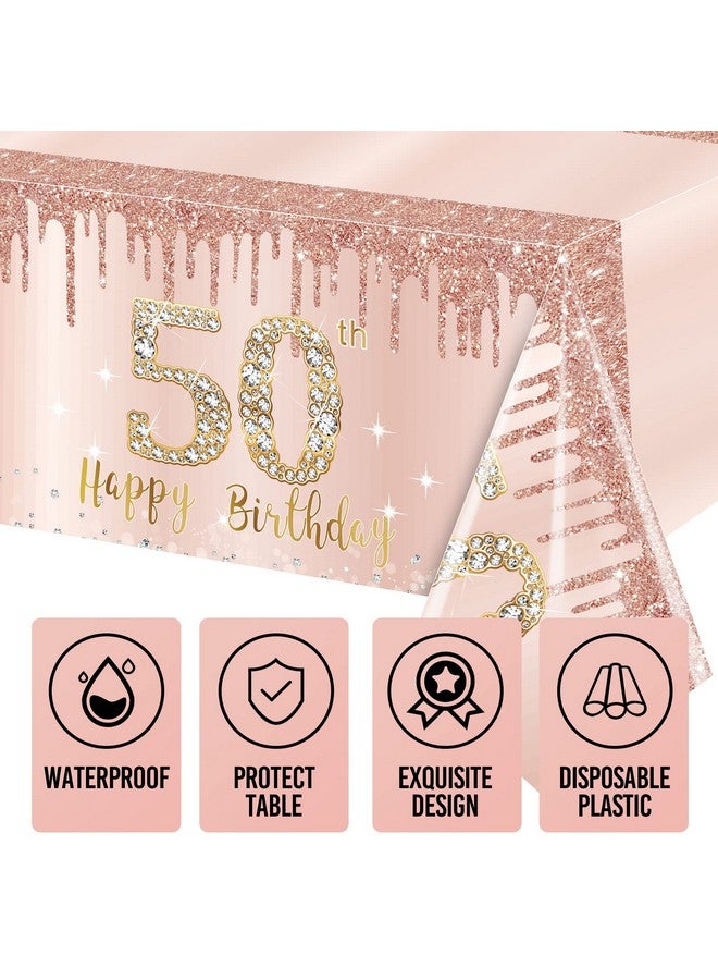 Excelloon 3 Pack 50th Birthday Tablecloth Decorations for Women, Pink Rose Gold Happy 50 Birthday Table Cover Party Supplies, Fifty Year Old Birthday Plastic Disposable Rectangular Table Cloth Decor - Image 3