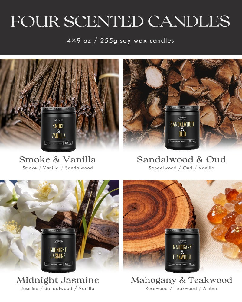 AOOVOO Scented Candles for Men - 4 Pack Candles for Home Scented, 36oz Soy Wax, 200 Hour Burn Time, Men Candle Set, Sandalwood Oud/Mahogany Teakwood/Smoke Vanilla/Jasmine Candle Set A - Image 4
