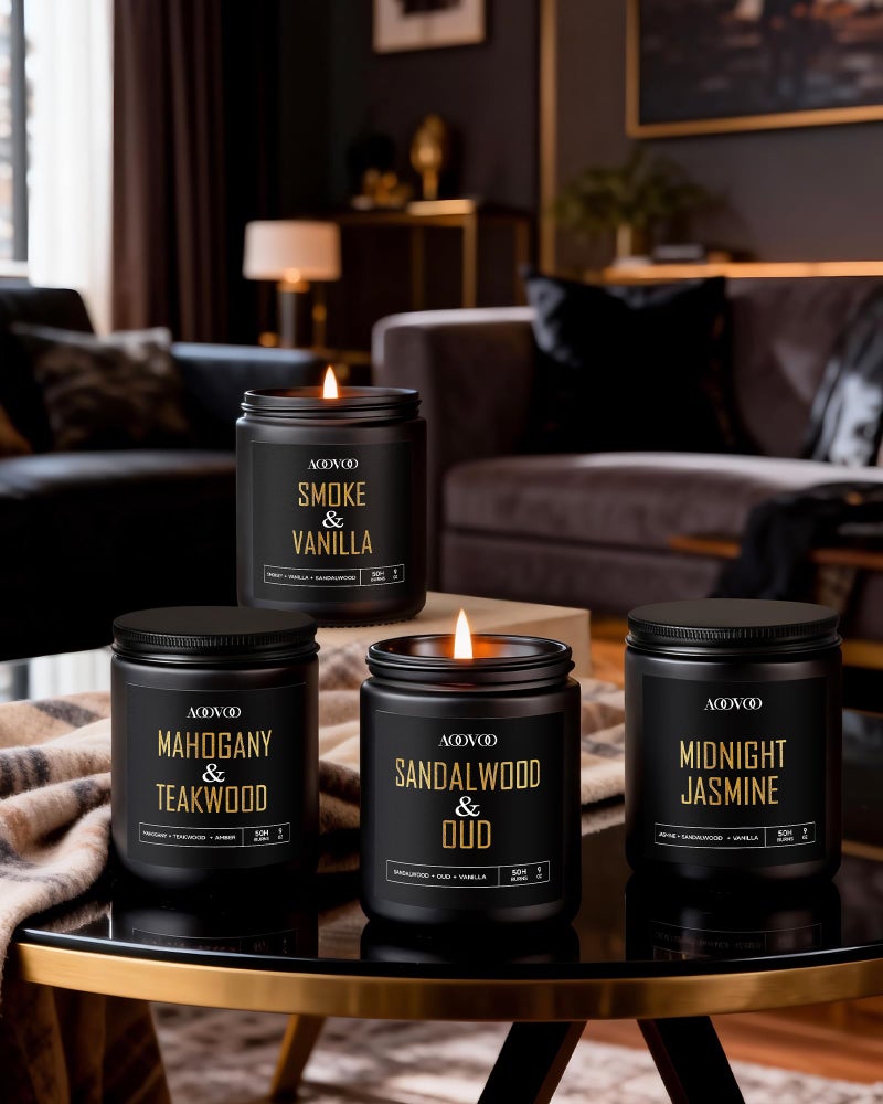 AOOVOO Scented Candles for Men - 4 Pack Candles for Home Scented, 36oz Soy Wax, 200 Hour Burn Time, Men Candle Set, Sandalwood Oud/Mahogany Teakwood/Smoke Vanilla/Jasmine Candle Set A - Image 2