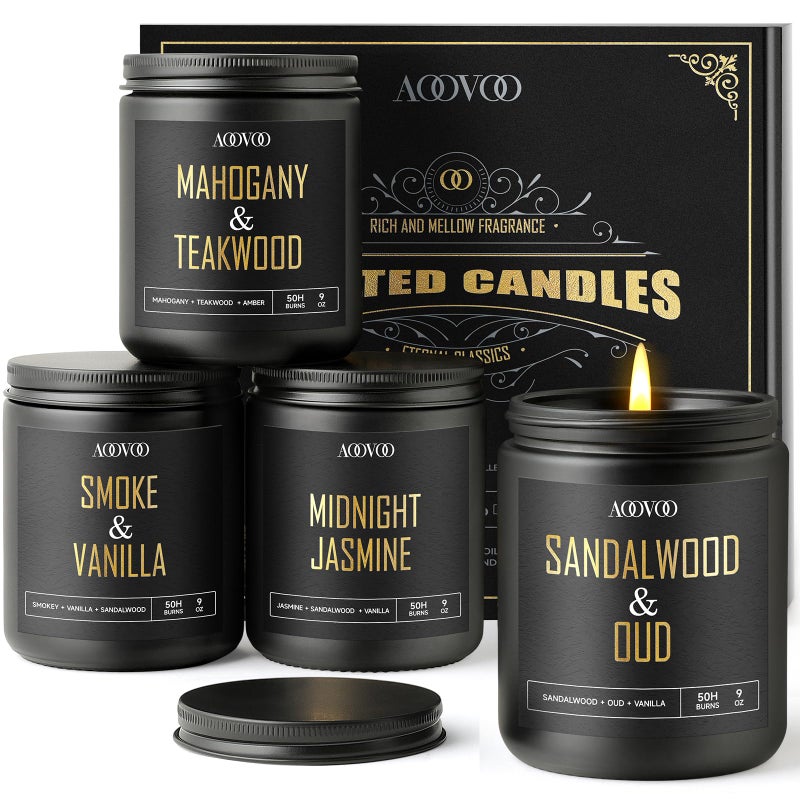 AOOVOO Scented Candles for Men - 4 Pack Candles for Home Scented, 36oz Soy Wax, 200 Hour Burn Time, Men Candle Set, Sandalwood Oud/Mahogany Teakwood/Smoke Vanilla/Jasmine Candle Set A - Image 1