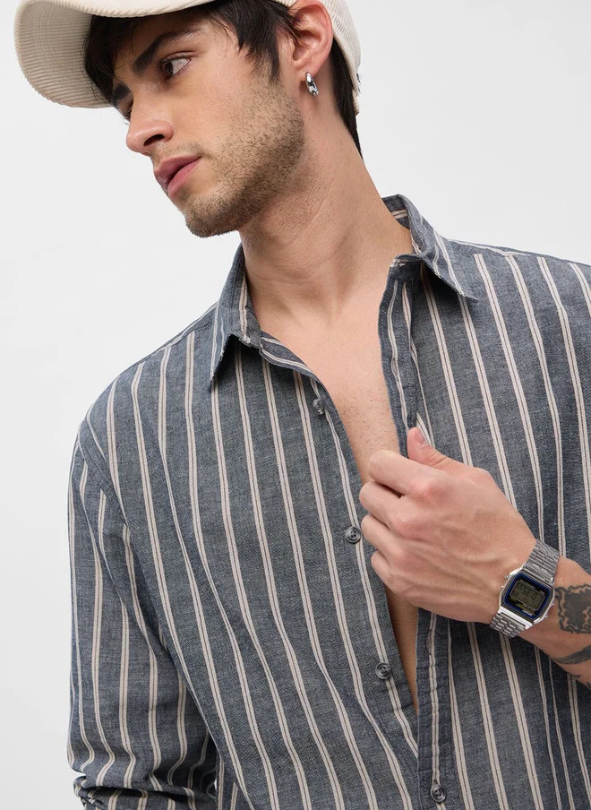 The Souled Store Men's Regular Fit Striped Grey Cotton Linen Shirt