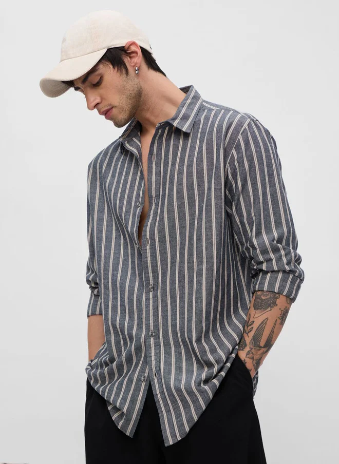 The Souled Store Men's Regular Fit Striped Grey Cotton Linen Shirt