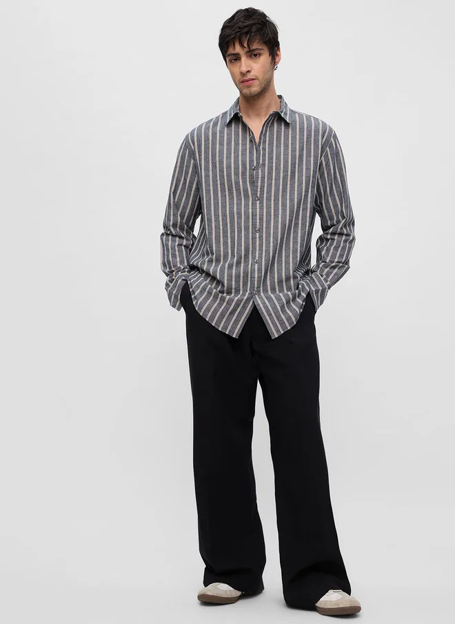 The Souled Store  Men's Regular Fit Striped Grey Cotton Linen Shirt  | Best Price UAE