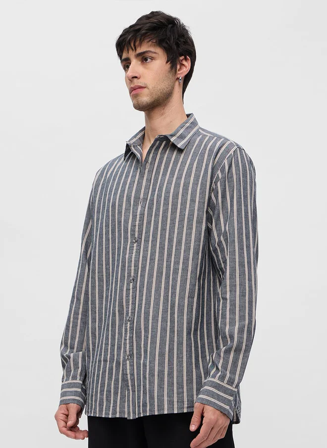 The Souled Store  Men's Regular Fit Striped Grey Cotton Linen Shirt  | Best Price UAE
