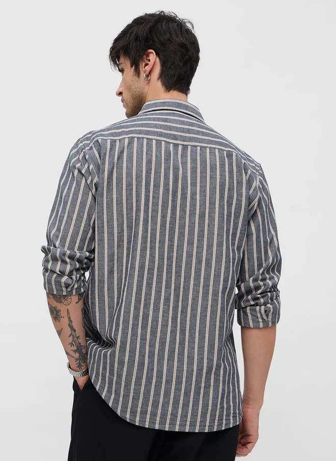 The Souled Store  Men's Regular Fit Striped Grey Cotton Linen Shirt  | Best Price UAE