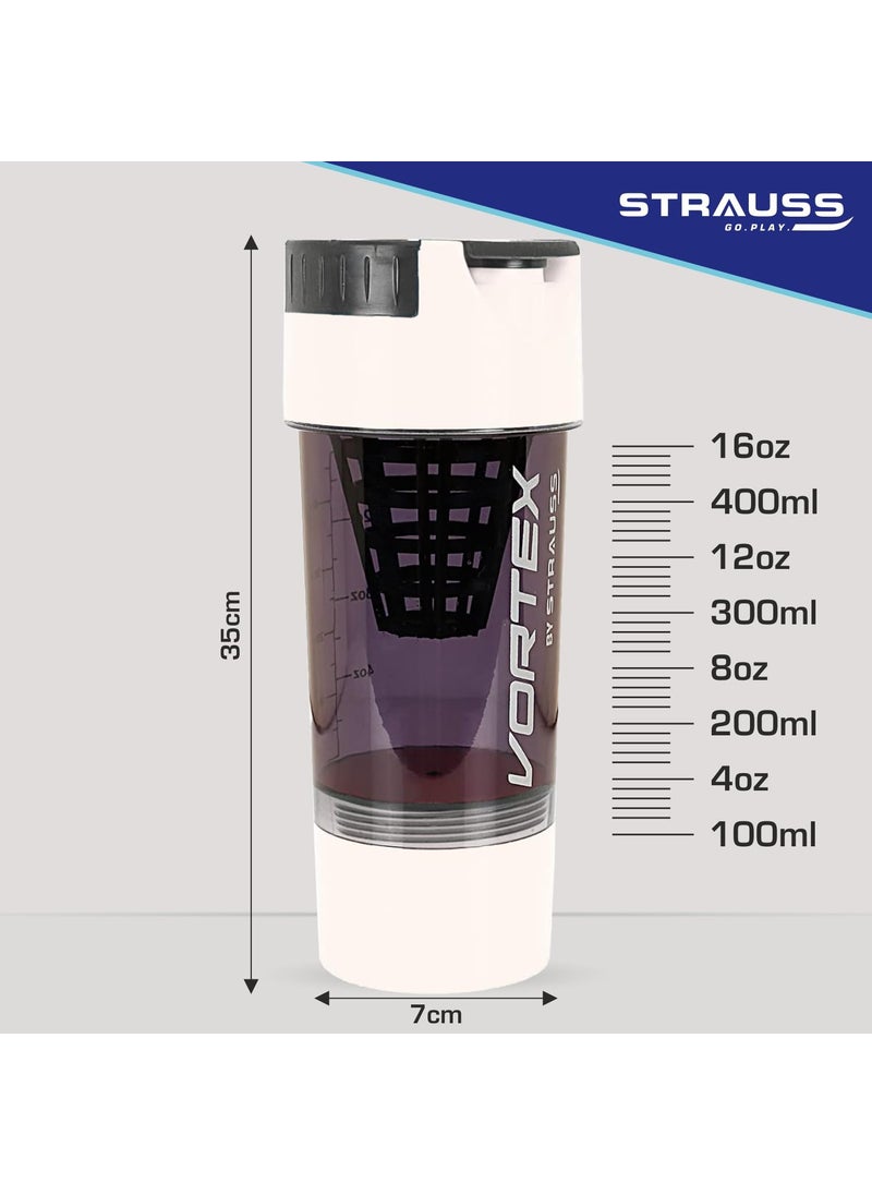 STRAUSS STRAUSS Vortex Shaker Bottle with Two Storage Compartments | 100% BPA- Free Sipper Bottle | Leakproof Shaker For Protein Shake | Ideal For Pre Workout and BCAAs| 500ml, (White)  - Image 3
