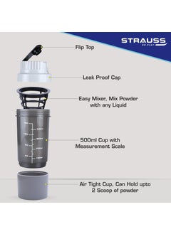 STRAUSS STRAUSS Vortex Shaker Bottle with Two Storage Compartments | 100% BPA- Free Sipper Bottle | Leakproof Shaker For Protein Shake | Ideal For Pre Workout and BCAAs| 500ml, (White)  - Image 4