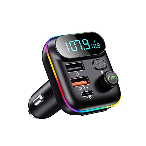 Sanxup Bluetooth Adapter for Car, Wireless FM Radio Transmitter, Wireless Bluetooth 5.0, MP3 Music Player, QC3.0 + PD 20W USB Car Charger, 7 Colors LED Backlit - Image 1