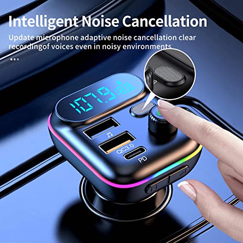 Sanxup Bluetooth Adapter for Car, Wireless FM Radio Transmitter, Wireless Bluetooth 5.0, MP3 Music Player, QC3.0 + PD 20W USB Car Charger, 7 Colors LED Backlit - Image 5