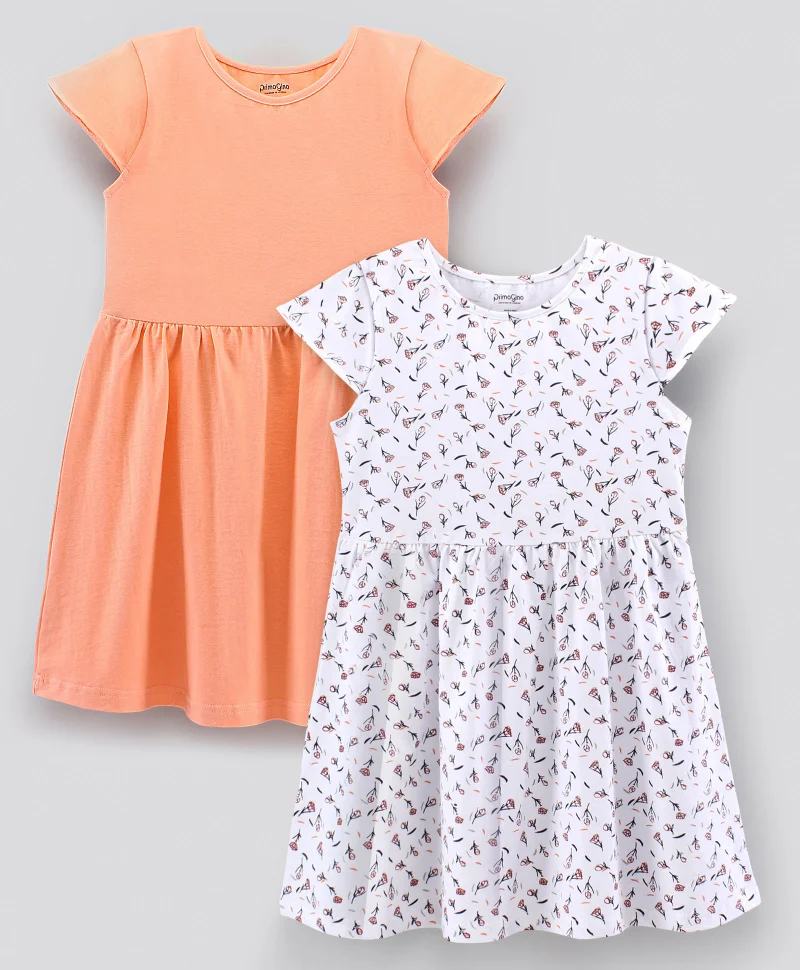 Primo Gino Primo Gino Cap Sleeves Frocks Solid & Floral Print Pack Of 2 - White Peach