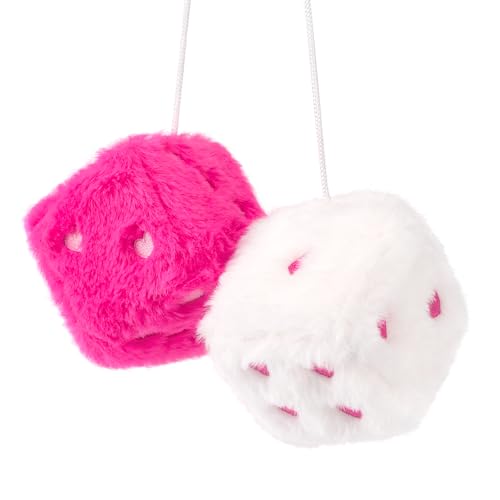 Lutoku Heart Embroidered Fuzzy Plush Dice 3Inch Decorative Car Mirror Hanging Ornaments Soft Foam Easy Install Great Gift Idea RoseWhite - Image 1