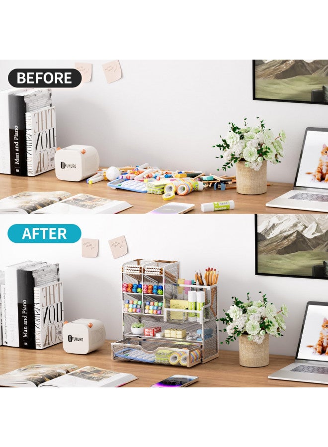 Marbrasse Mesh Pen Holder for Desk, Desk Organizer with Drawer, Multi-Functional Pencil Organizer, Desk Organizers and Accessories for Office Art Supplies (Silver) - Image 3