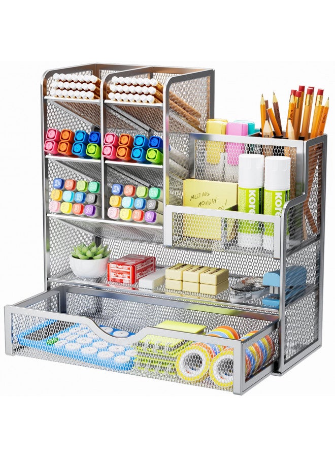 Marbrasse Mesh Pen Holder for Desk, Desk Organizer with Drawer, Multi-Functional Pencil Organizer, Desk Organizers and Accessories for Office Art Supplies (Silver) - Image 1