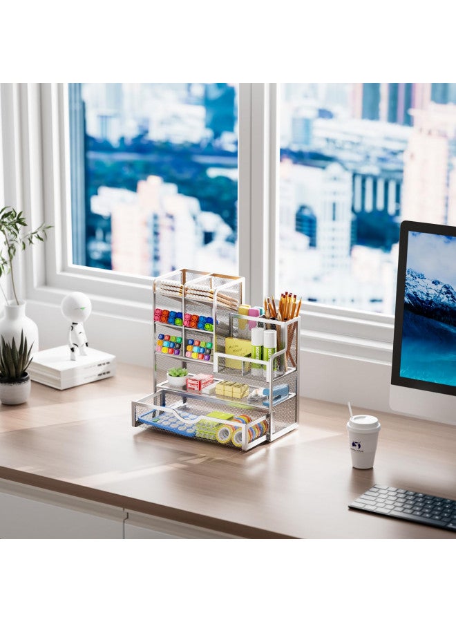 Marbrasse Mesh Pen Holder for Desk, Desk Organizer with Drawer, Multi-Functional Pencil Organizer, Desk Organizers and Accessories for Office Art Supplies (Silver) - Image 5