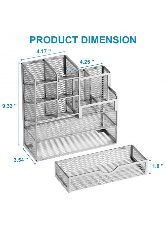 Marbrasse Mesh Pen Holder for Desk, Desk Organizer with Drawer, Multi-Functional Pencil Organizer, Desk Organizers and Accessories for Office Art Supplies (Silver) - Image 4
