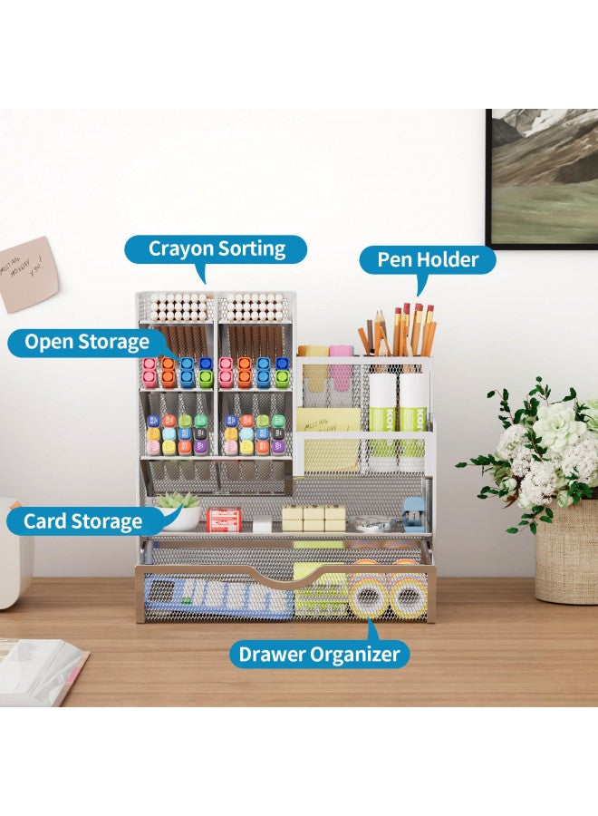 Marbrasse Mesh Pen Holder for Desk, Desk Organizer with Drawer, Multi-Functional Pencil Organizer, Desk Organizers and Accessories for Office Art Supplies (Silver) - Image 2