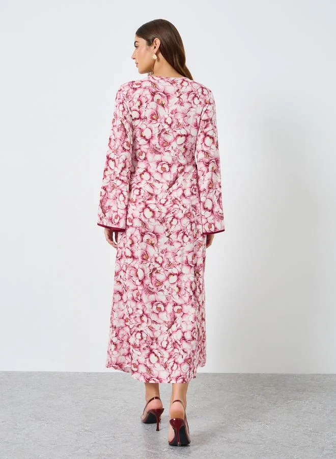 Take Two All-Over Printed V Neck Split Long Sleeve Maxi Dress