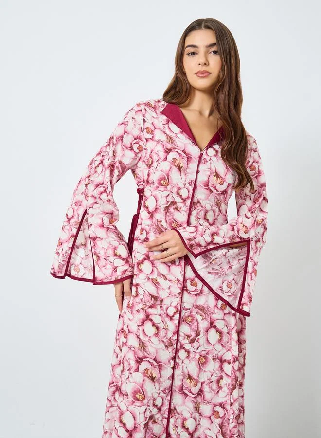 Take Two All-Over Printed V Neck Split Long Sleeve Maxi Dress