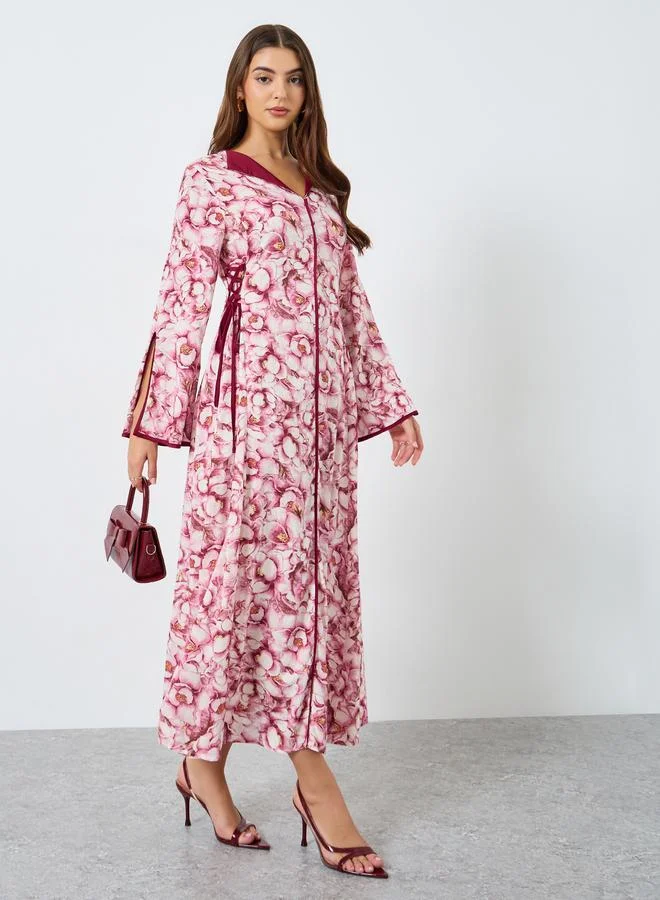 Take Two All-Over Printed V Neck Split Long Sleeve Maxi Dress