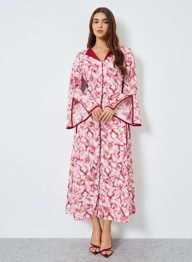 Take Two All-Over Printed V Neck Split Long Sleeve Maxi Dress