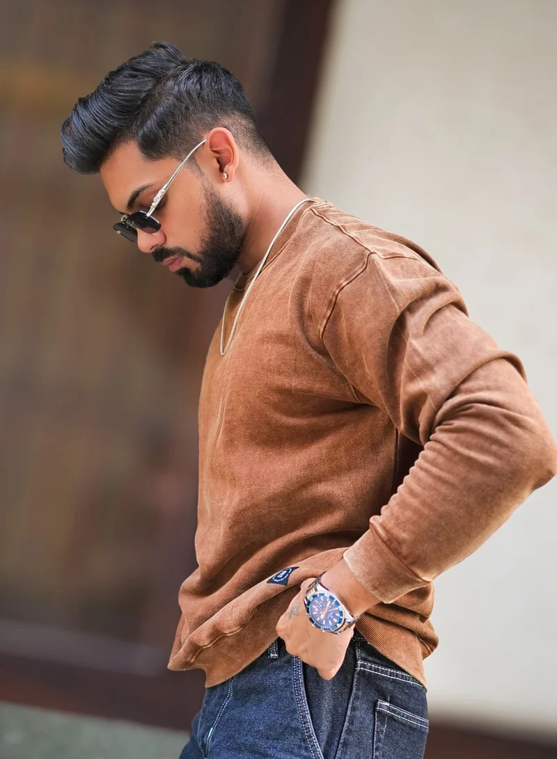 مانياك Maniac Mens Solid Acid Wash Round Neck Full Sleeve Brown Oversized Sweatshirt