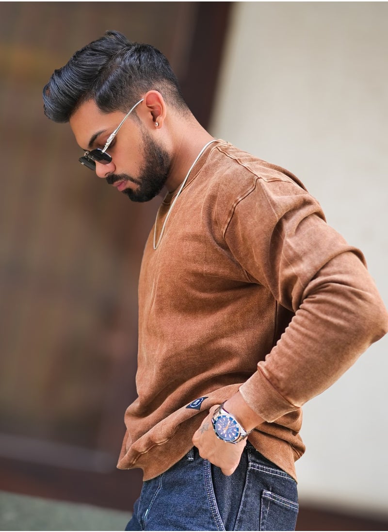 Maniac Maniac Mens Solid Acid Wash Round Neck Full Sleeve Brown Oversized Sweatshirt  - Image 2