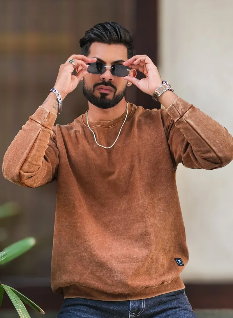 مانياك Maniac Mens Solid Acid Wash Round Neck Full Sleeve Brown Oversized Sweatshirt