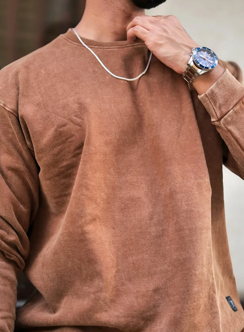 مانياك Maniac Mens Solid Acid Wash Round Neck Full Sleeve Brown Oversized Sweatshirt