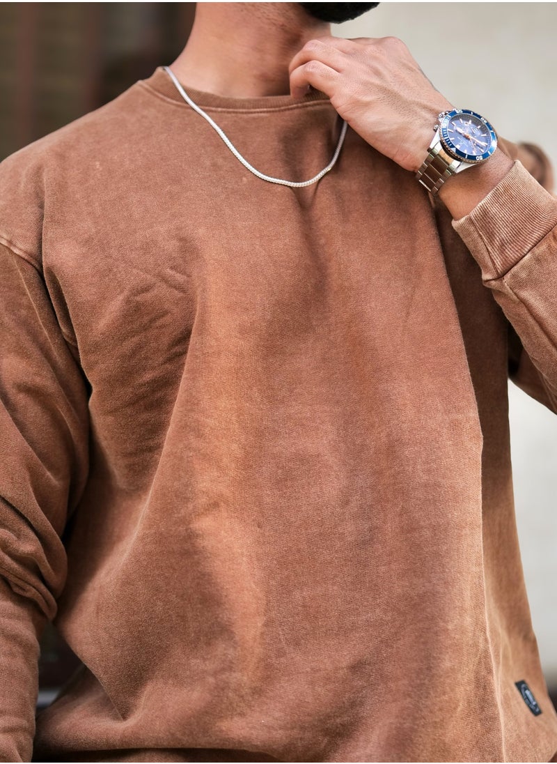 Maniac Maniac Mens Solid Acid Wash Round Neck Full Sleeve Brown Oversized Sweatshirt  - Image 4
