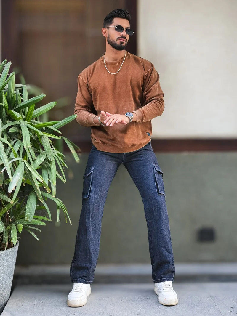 مانياك Maniac Mens Solid Acid Wash Round Neck Full Sleeve Brown Oversized Sweatshirt