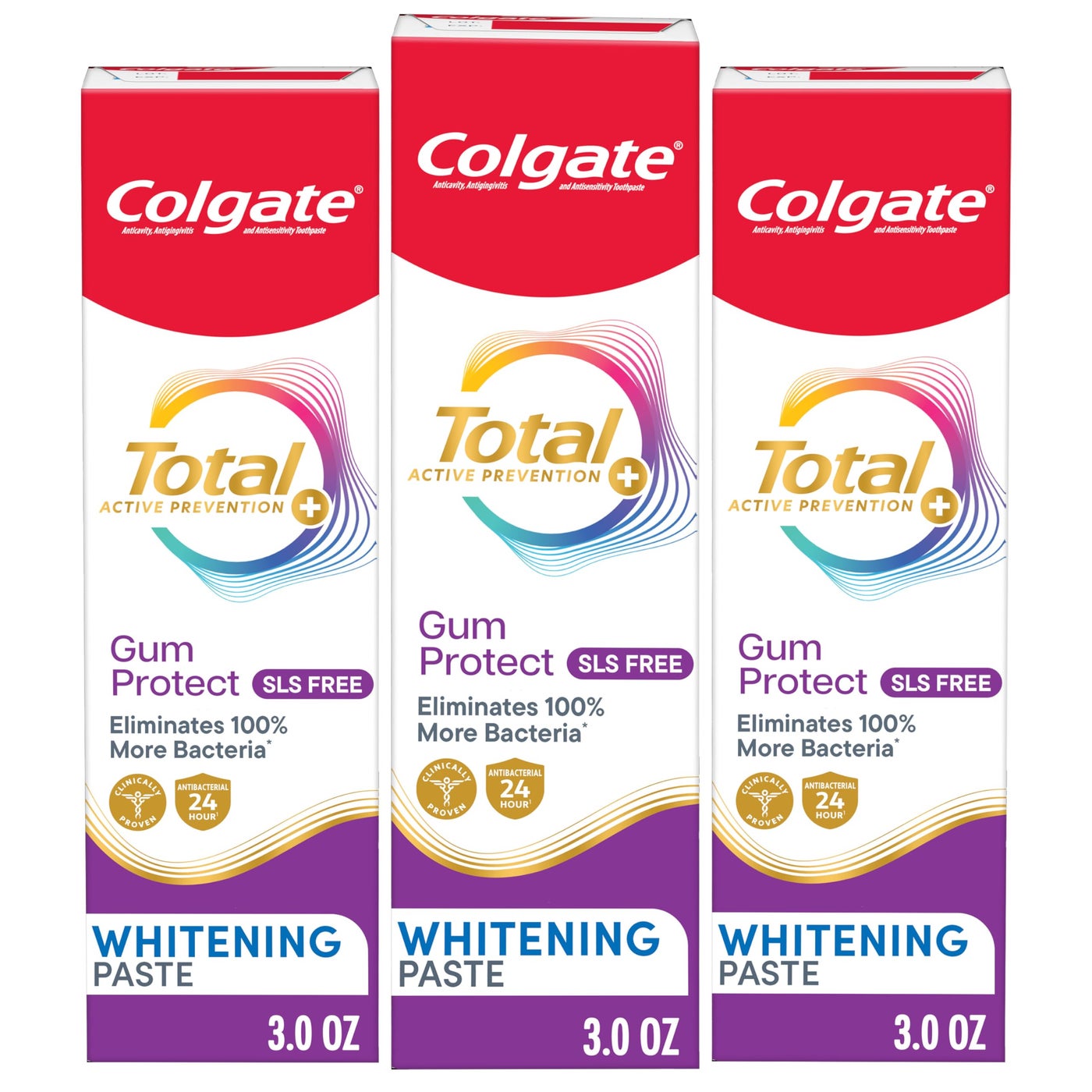 Colgate Total Active Prevention Gum Protect Whitening Toothpaste, 3 Pack, SLS Free Gingivitis Toothpaste for Bleeding Gums, Redness, Inflammation, Irritation, and Sensitivity, 3.0 oz