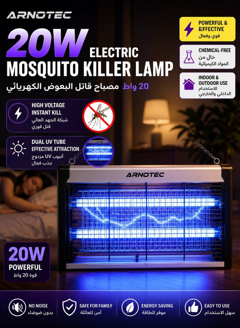 ARNOTEC 20W Electric Mosquito Killer Lamp, Dual UV Tube Bug Zapper, High-Voltage Grid, Chemical-Free Insect Killer for Indoor & Outdoor Areas, Home & Commercial Use - Image 1