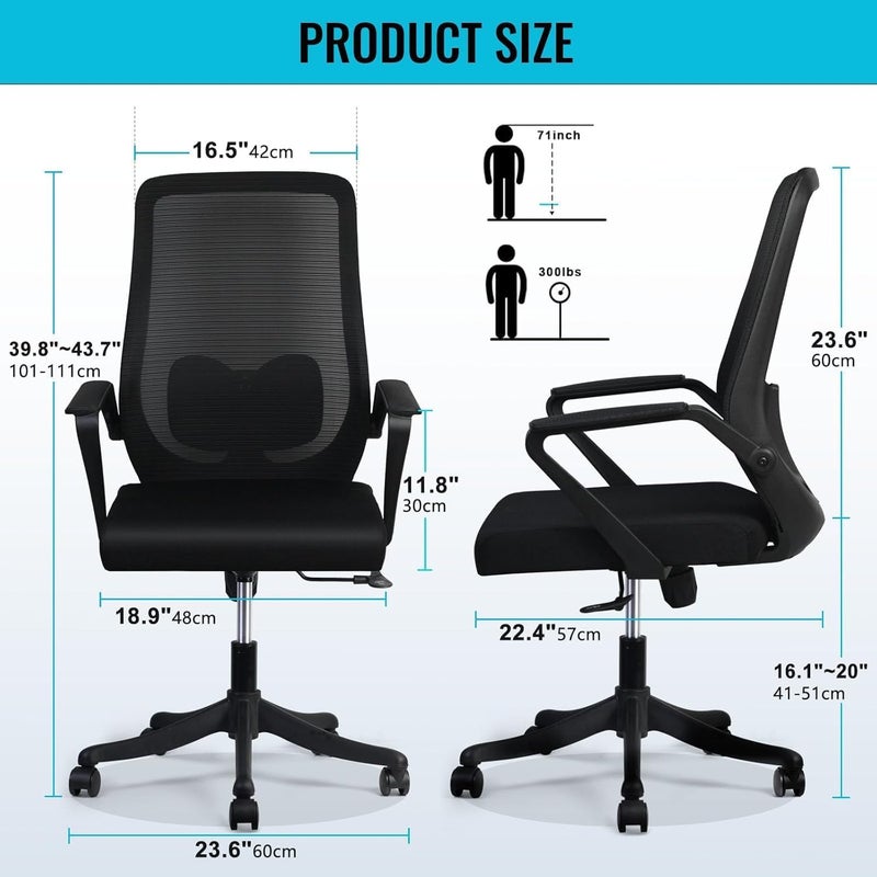 SKY-TOUCH Ergonomic Office Chair Desk Chair Computer Chair Lumbar Support Height Adjustable Large Space Padded Seat Cushion｜With Tilt Back｜Mesh Breathable Backrest｜60*57*111Cm,Black - Image 3