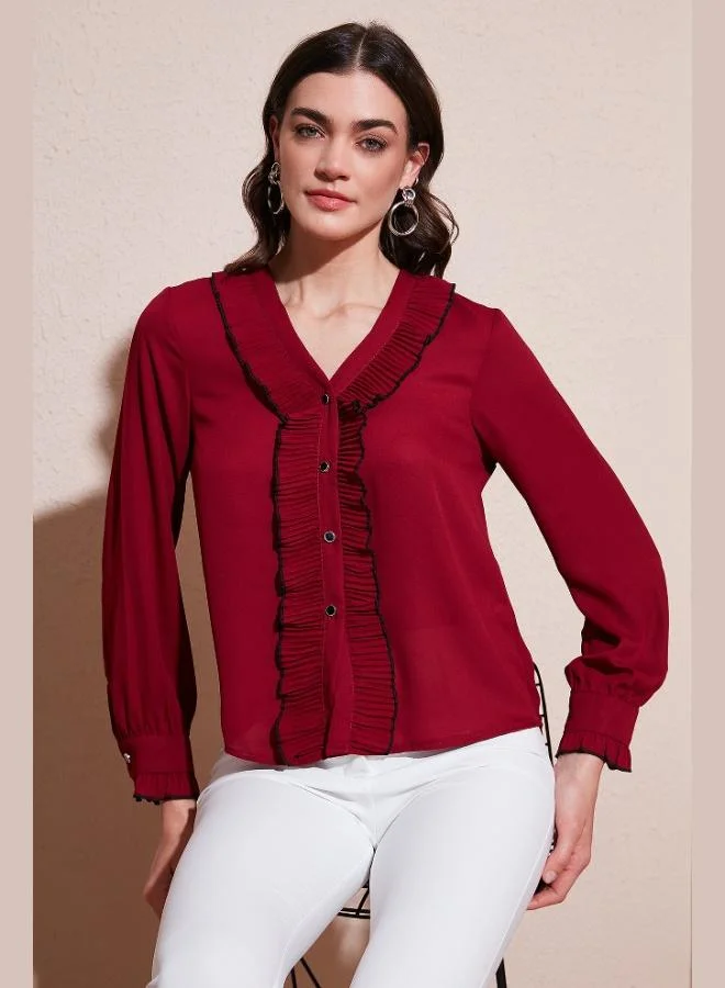 ليلا قميص نسائي بأكمام طويلة وكشكشة بياقة على شكل حرف  مقاس قياسي