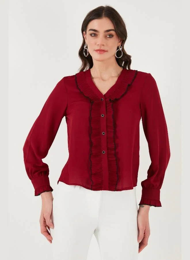 Lela Lela Standard Fit V-Neck Ruffle Long Sleeve Shirt Women's SHIRT 611GO00341