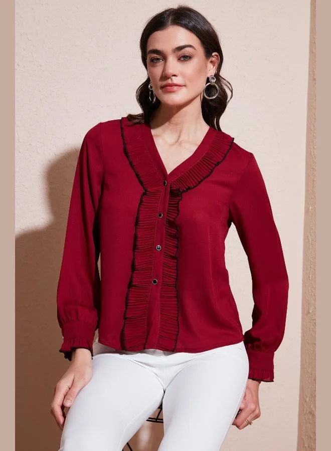 Lela Lela Standard Fit V-Neck Ruffle Long Sleeve Shirt Women's SHIRT 611GO00341