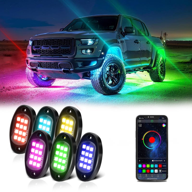 أضواء الصخور LED: 6 قطع سوداء - تحكم عبر تطبيق Bluetooth 5.0 بألوان 16 مليون لون بشريحة 5050 عالية السطوع ومقاومة للماء IP68 أضواء LED متعددة الألوان للسيارات الجراحية الشاحنات السيارات القوارب ATVs UTVs - Image 1