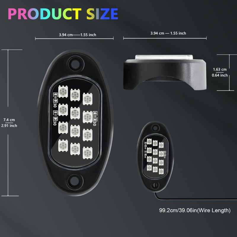 أضواء الصخور LED: 6 قطع سوداء - تحكم عبر تطبيق Bluetooth 5.0 بألوان 16 مليون لون بشريحة 5050 عالية السطوع ومقاومة للماء IP68 أضواء LED متعددة الألوان للسيارات الجراحية الشاحنات السيارات القوارب ATVs UTVs - Image 3