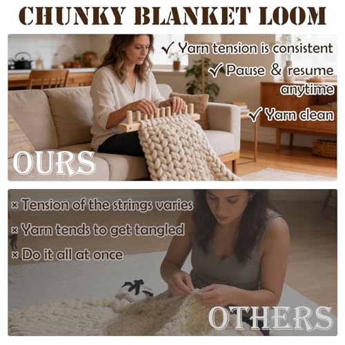 Lewhoo 55’ Chunky Knitting Blanket Loom Kit,Thick Nature Wooden Loom Frame for Beginners,3 Pack DIY Throw Blankets Knitting Tool for Hand - Image 5