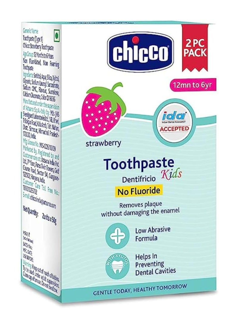 Chicco Toothpaste for Kids (1y-6y), Strawberry Flavour, 50g (Pack of 2) | Fluoride-Free | Removes Plaque, Helps Prevent Cavities - Image 1