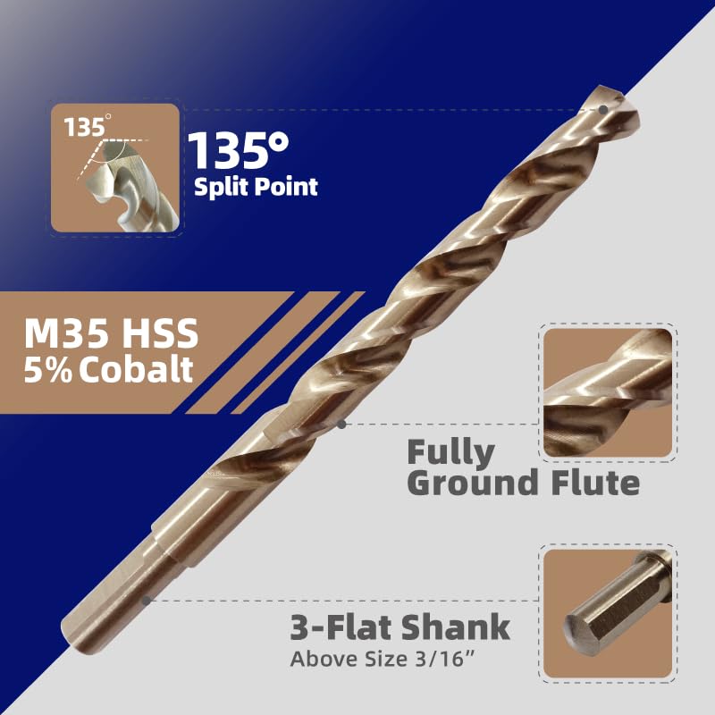 HIGHFIRE 29 PCS M35 Cobalt Drill Bit Set, HSS Twist Jobber Drill Bits with 135 Degrees Split Point and Three-Flat Shank, 3/8â€ Reduced Shank, Gold Oxide Metal Drill Bits Set (1/16â€ - 1/2â€ x 1/64â€) - Image 2