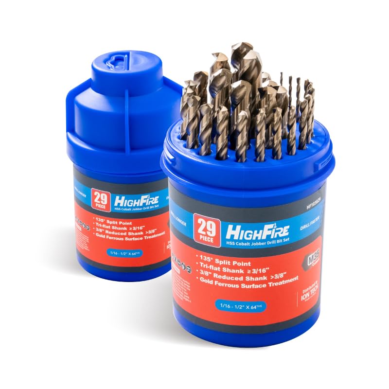 HIGHFIRE 29 PCS M35 Cobalt Drill Bit Set, HSS Twist Jobber Drill Bits with 135 Degrees Split Point and Three-Flat Shank, 3/8â€ Reduced Shank, Gold Oxide Metal Drill Bits Set (1/16â€ - 1/2â€ x 1/64â€) - Image 1