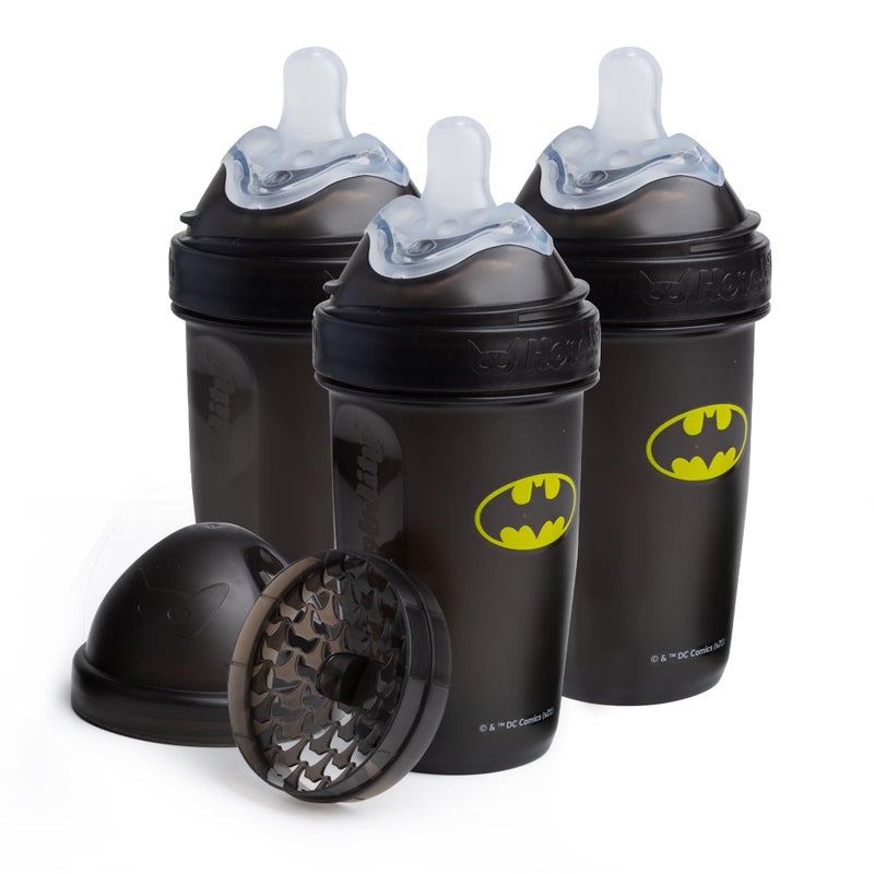 Herobility Anti-Colic Baby Bottles 8.5 fl oz/240ml - Pack of 3 Plastic Baby Bottles, Fast Flow Plastic Bottles, Breast-Shaped Teat for Breastfed Babies, Small Baby Bottles, Swedish Design, Batman - Image 1
