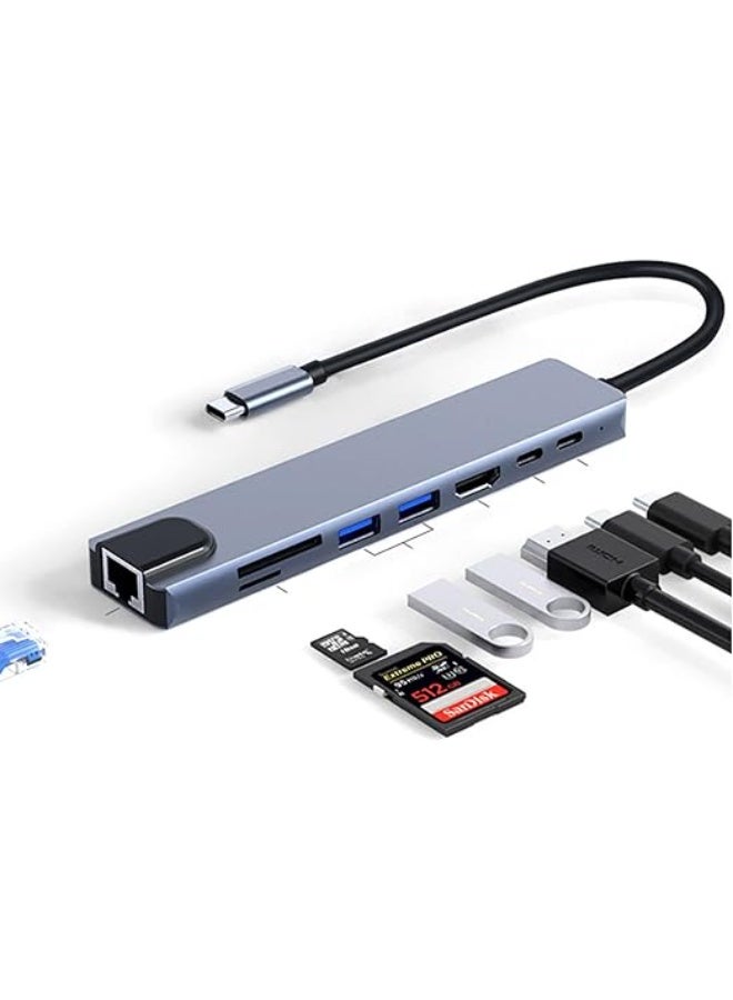 8-in-1 USB-C Hub, 4K at 30Hz, USB 2.0/3.0 Ports, Ethernet, 100W PD Charging, SD/TF Card Reader, Compatible with Laptops and Other Devices - Image 1