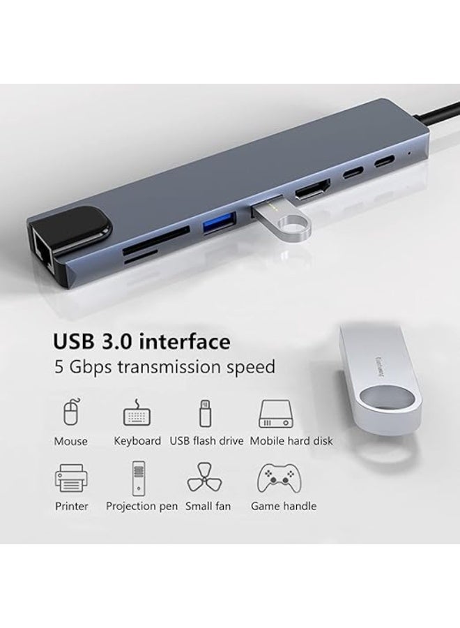 8-in-1 USB-C Hub, 4K at 30Hz, USB 2.0/3.0 Ports, Ethernet, 100W PD Charging, SD/TF Card Reader, Compatible with Laptops and Other Devices - Image 2