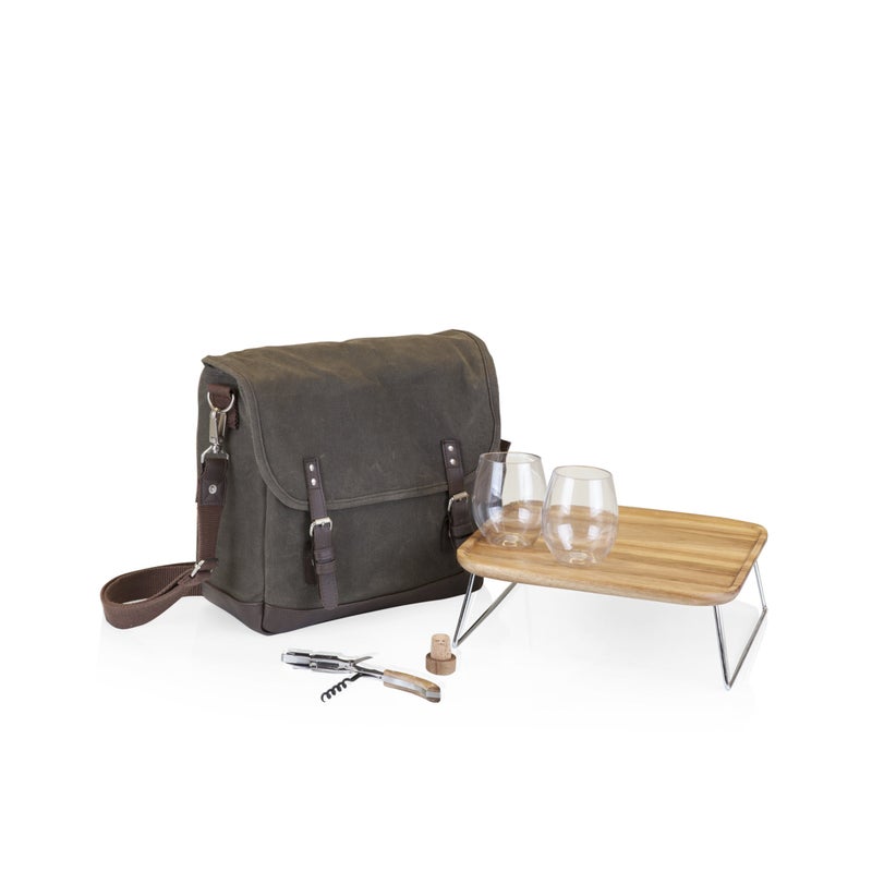 PICNIC TIME LEGACY  a Picnic Time Brand Adventure Wine Tote Glasses and Mini Table 2 Bottle Picnic Bag Khaki Green with Brown Accents 