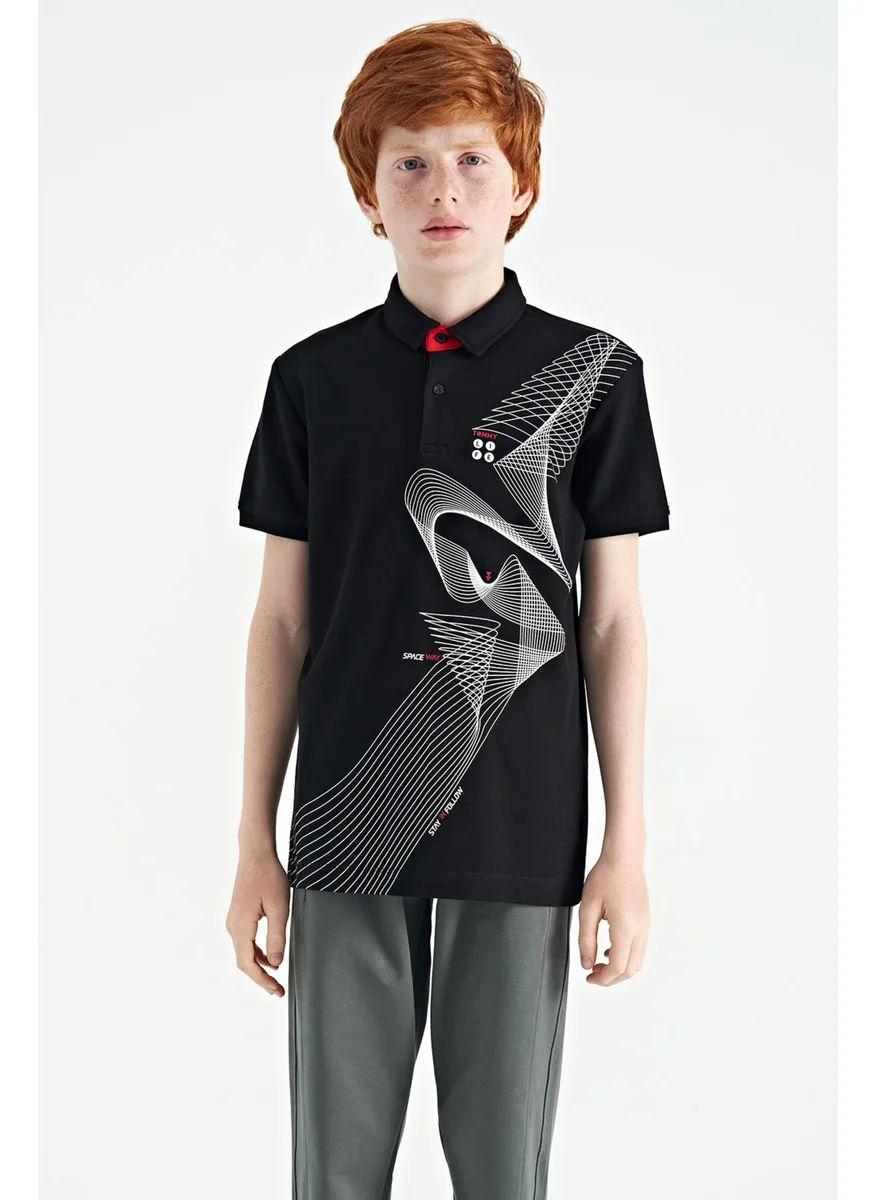 تومي لايف Black Printed Detailed Standard Size Polo Collar Boy T-Shirt - 11164